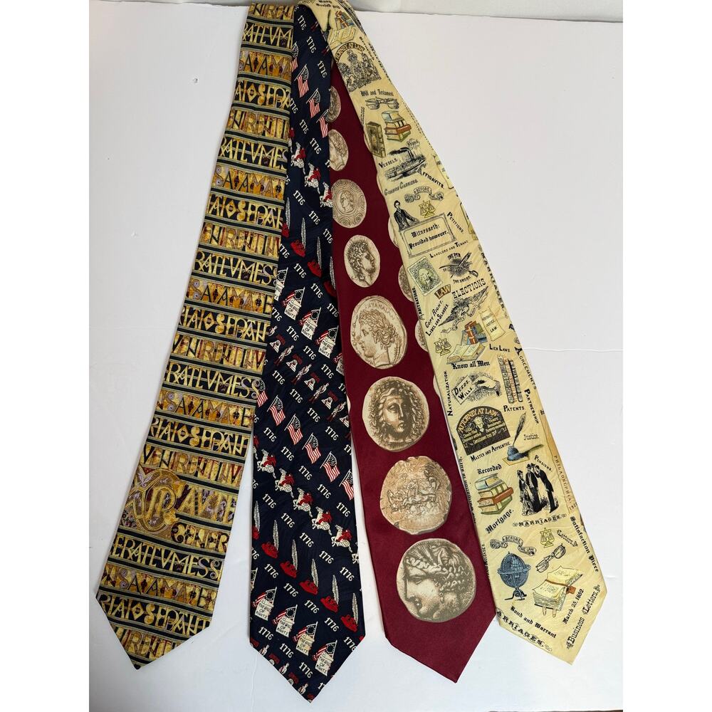 Lot 4 Vintage 1980s Museum Artifacts Silk Ties Patriotic Legal Coins Roman